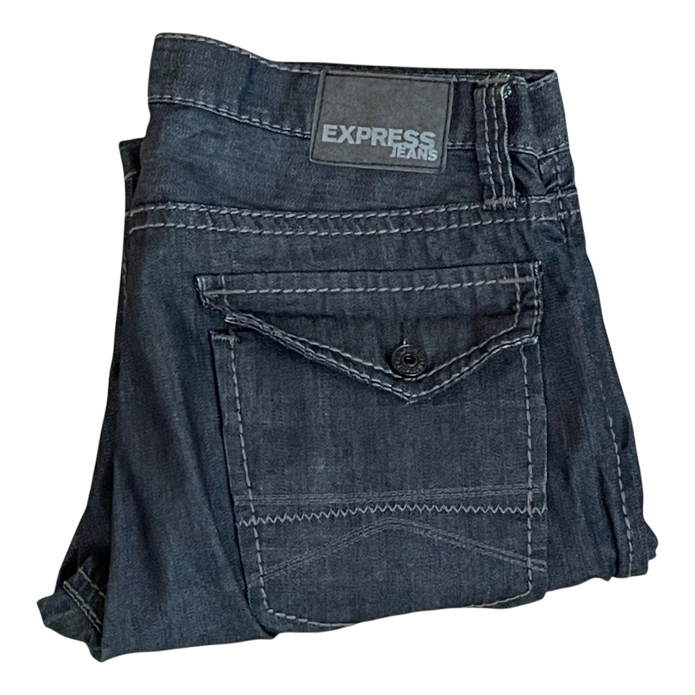 Men's Express Rocco Boot Cut Slim Fit Jeans 36x32 Dark Blue Denim Mid Rise CLEAN